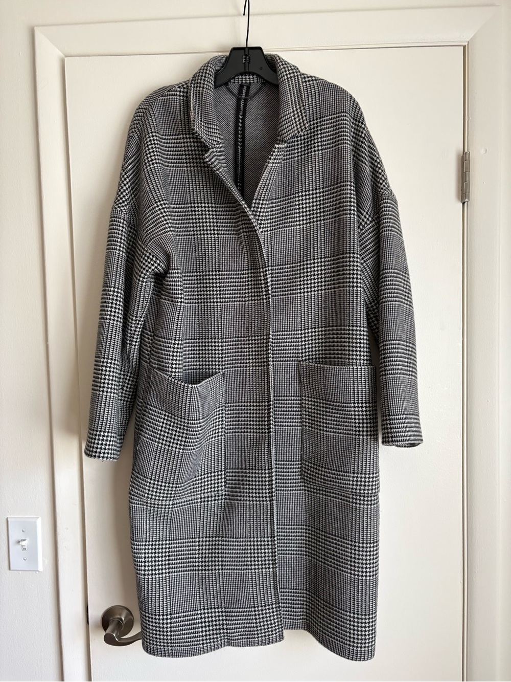 All Saints Gray Plaid Long Open-Front Coat